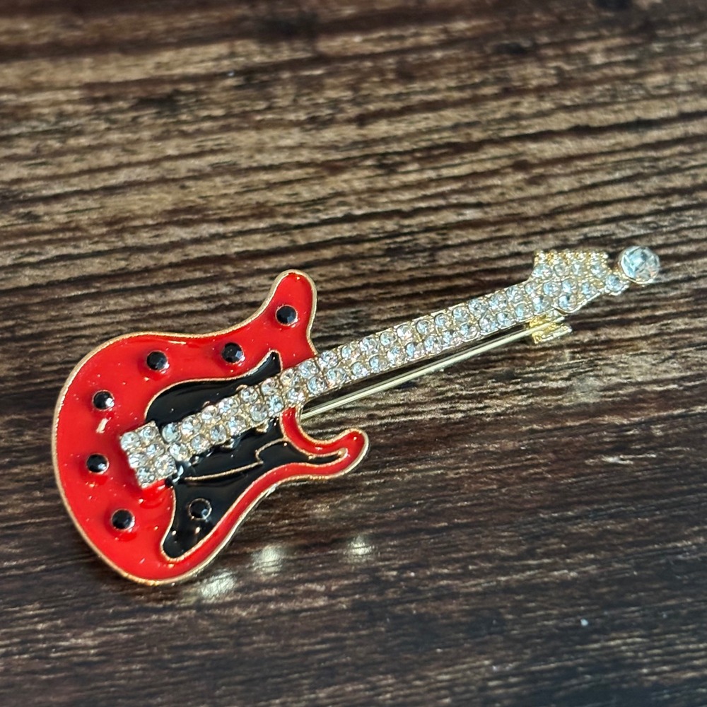 Red Electric Guitar Brooch Rhinestone Enamel Gold Tone Music Pin Accessory